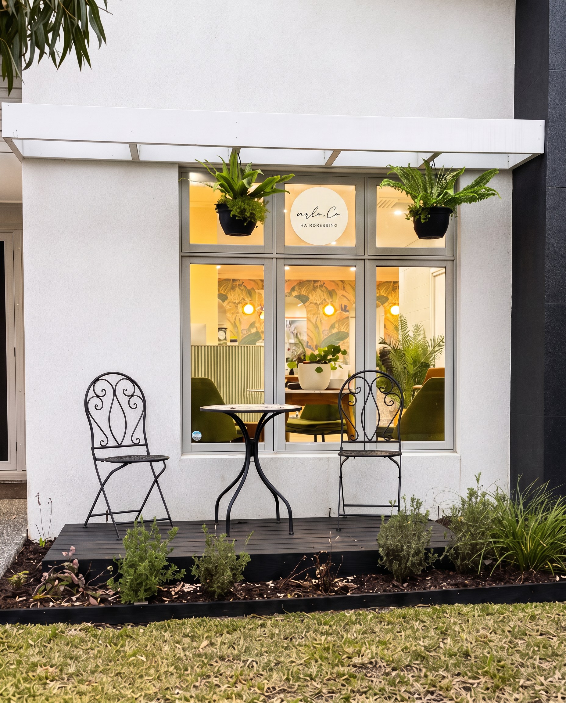 Arlo & Co Hairdressing shopfront with bistro seating